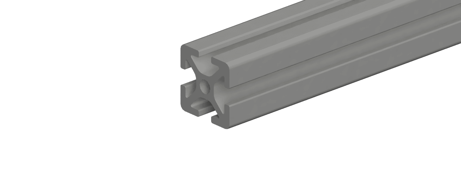 White 2020 PVC extrusion showing the 20 mm square profile and four open slots